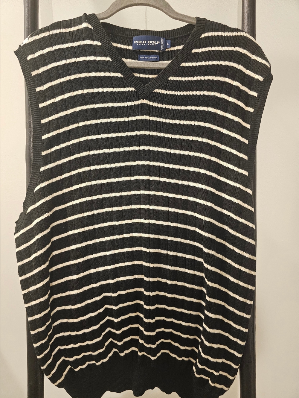 POLO Golf Black & White Striped V-Neck Sweater Vest